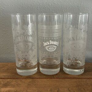 Jack Daniels Old No 7 Brand Highball Glass Etched Snowflakes Winter Set of 3